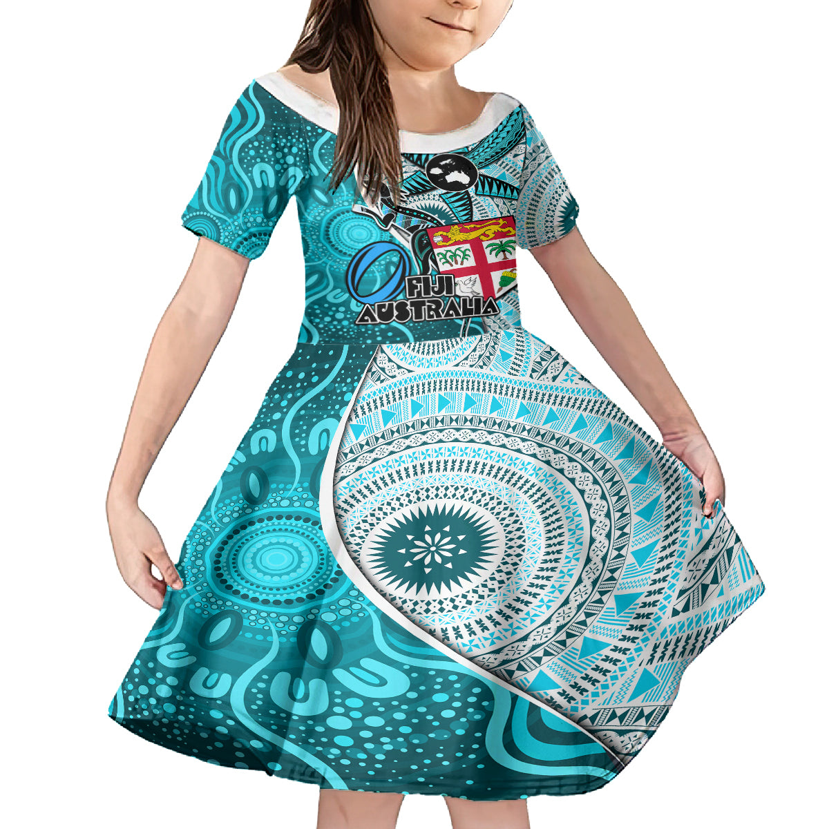 Fiji Australia Rugby Kid Short Sleeve Dress Kangaroo and Palm Tree Blue Tapa Pattern Mix Aboriginal LT03 KID Blue - Polynesian Pride