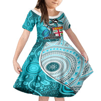 Fiji Australia Rugby Kid Short Sleeve Dress Kangaroo and Palm Tree Blue Tapa Pattern Mix Aboriginal LT03 KID Blue - Polynesian Pride