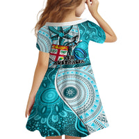 Fiji Australia Rugby Kid Short Sleeve Dress Kangaroo and Palm Tree Blue Tapa Pattern Mix Aboriginal LT03 - Polynesian Pride