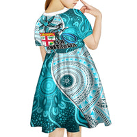 Fiji Australia Rugby Kid Short Sleeve Dress Kangaroo and Palm Tree Blue Tapa Pattern Mix Aboriginal LT03 - Polynesian Pride