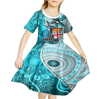 Fiji Australia Rugby Kid Short Sleeve Dress Kangaroo and Palm Tree Blue Tapa Pattern Mix Aboriginal LT03 - Polynesian Pride