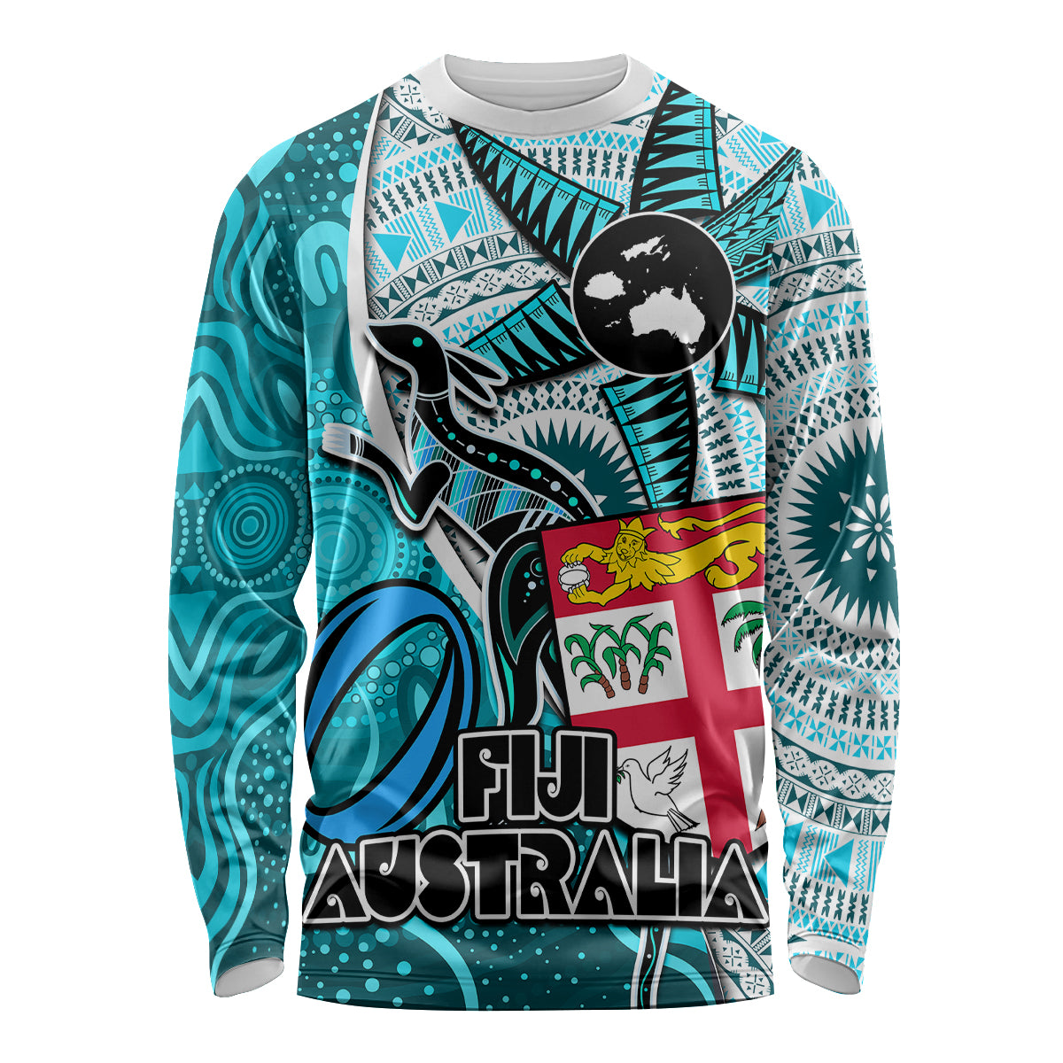 Fiji Australia Rugby Long Sleeve Shirt Kangaroo and Palm Tree Blue Tapa Pattern Mix Aboriginal LT03 Unisex Blue - Polynesian Pride