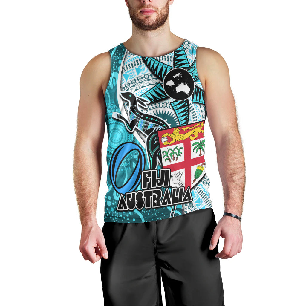 Fiji Australia Rugby Men Tank Top Kangaroo and Palm Tree Blue Tapa Pattern Mix Aboriginal LT03 - Polynesian Pride