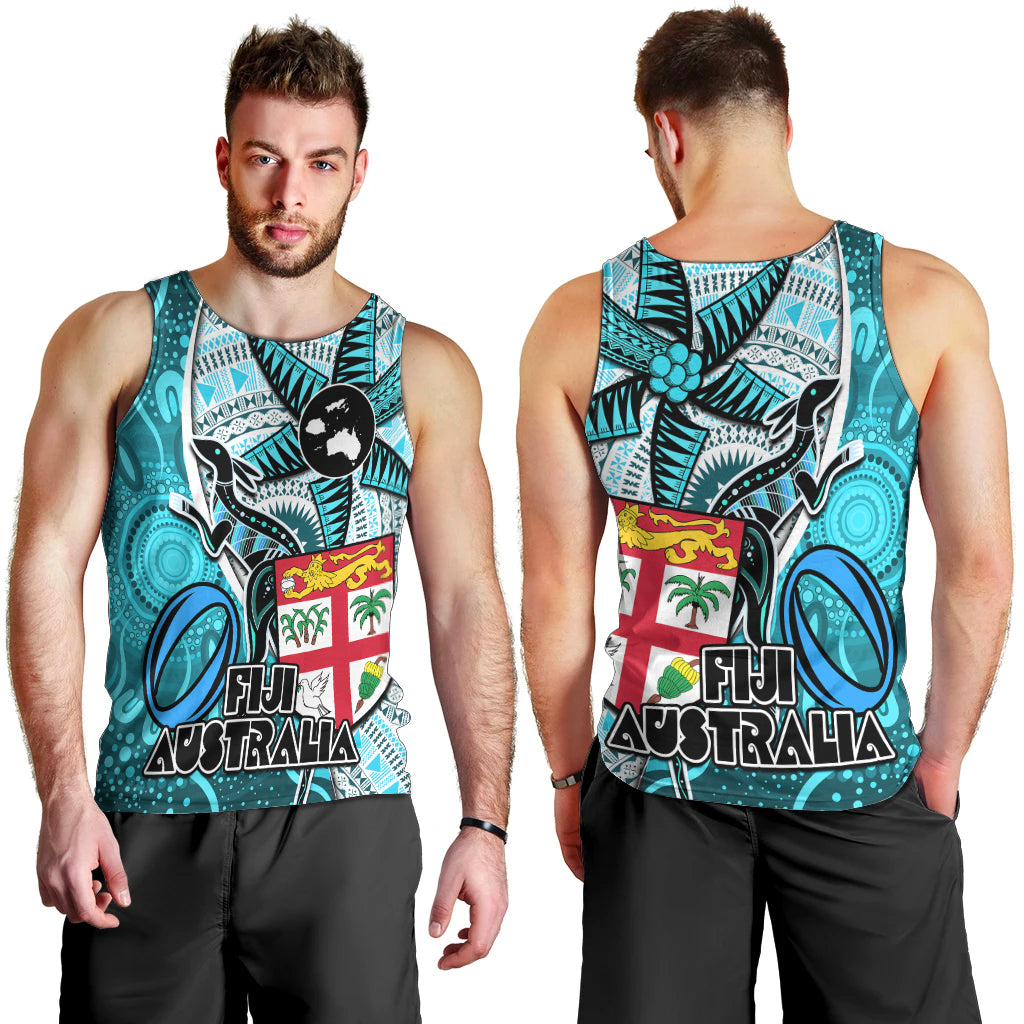 Fiji Australia Rugby Men Tank Top Kangaroo and Palm Tree Blue Tapa Pattern Mix Aboriginal LT03 - Polynesian Pride
