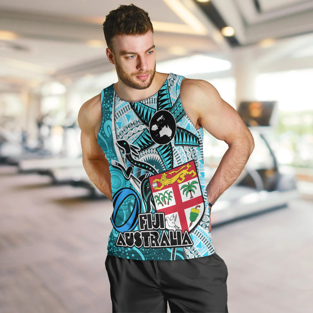 Fiji Australia Rugby Men Tank Top Kangaroo and Palm Tree Blue Tapa Pattern Mix Aboriginal LT03 - Polynesian Pride