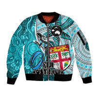 Fiji Australia Rugby Sleeve Zip Bomber Jacket Kangaroo and Palm Tree Blue Tapa Pattern Mix Aboriginal LT03 Unisex Blue - Polynesian Pride