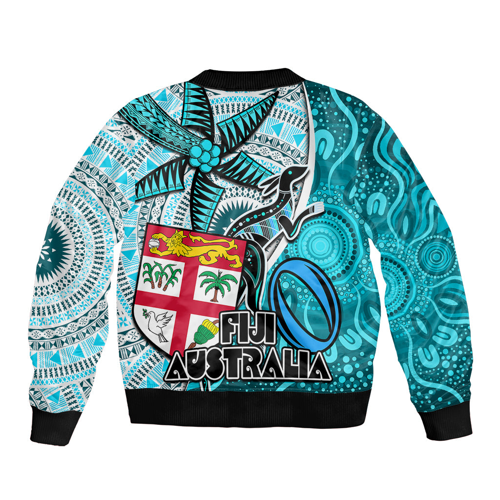 Fiji Australia Rugby Sleeve Zip Bomber Jacket Kangaroo and Palm Tree Blue Tapa Pattern Mix Aboriginal LT03 - Polynesian Pride