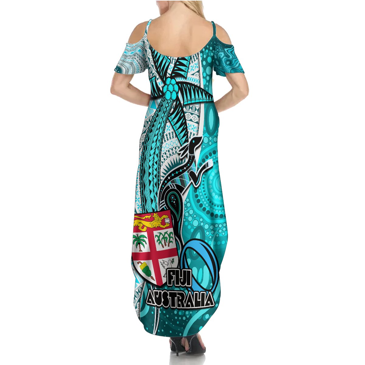 Fiji Australia Rugby Summer Maxi Dress Kangaroo and Palm Tree Blue Tapa Pattern Mix Aboriginal LT03 - Polynesian Pride
