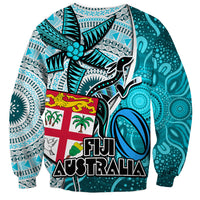 Fiji Australia Rugby Sweatshirt Kangaroo and Palm Tree Blue Tapa Pattern Mix Aboriginal LT03 - Polynesian Pride