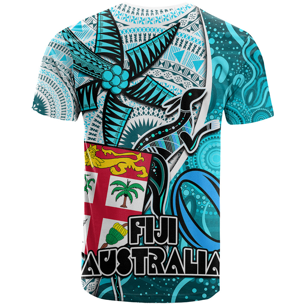 Fiji Australia Rugby T Shirt Kangaroo and Palm Tree Blue Tapa Pattern Mix Aboriginal LT03 - Polynesian Pride