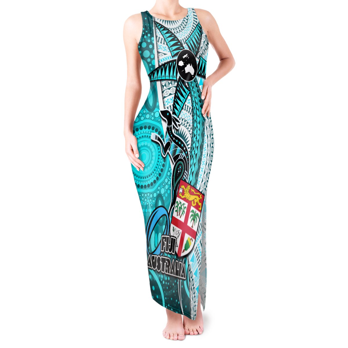 Fiji Australia Rugby Tank Maxi Dress Kangaroo and Palm Tree Blue Tapa Pattern Mix Aboriginal LT03 Women Blue - Polynesian Pride