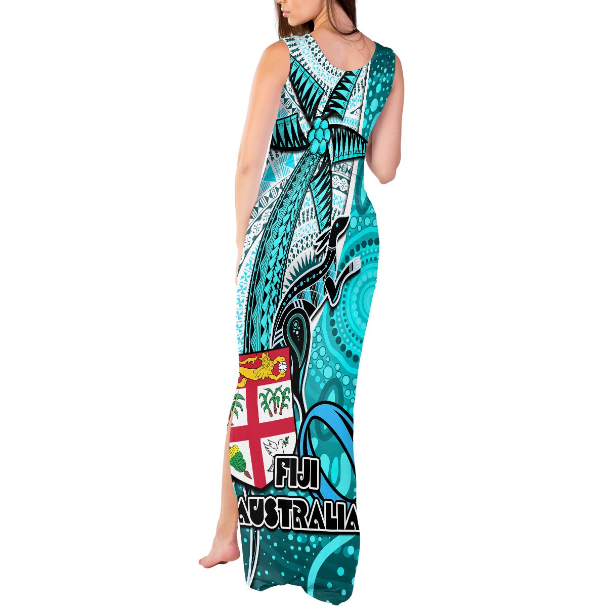 Fiji Australia Rugby Tank Maxi Dress Kangaroo and Palm Tree Blue Tapa Pattern Mix Aboriginal LT03 - Polynesian Pride
