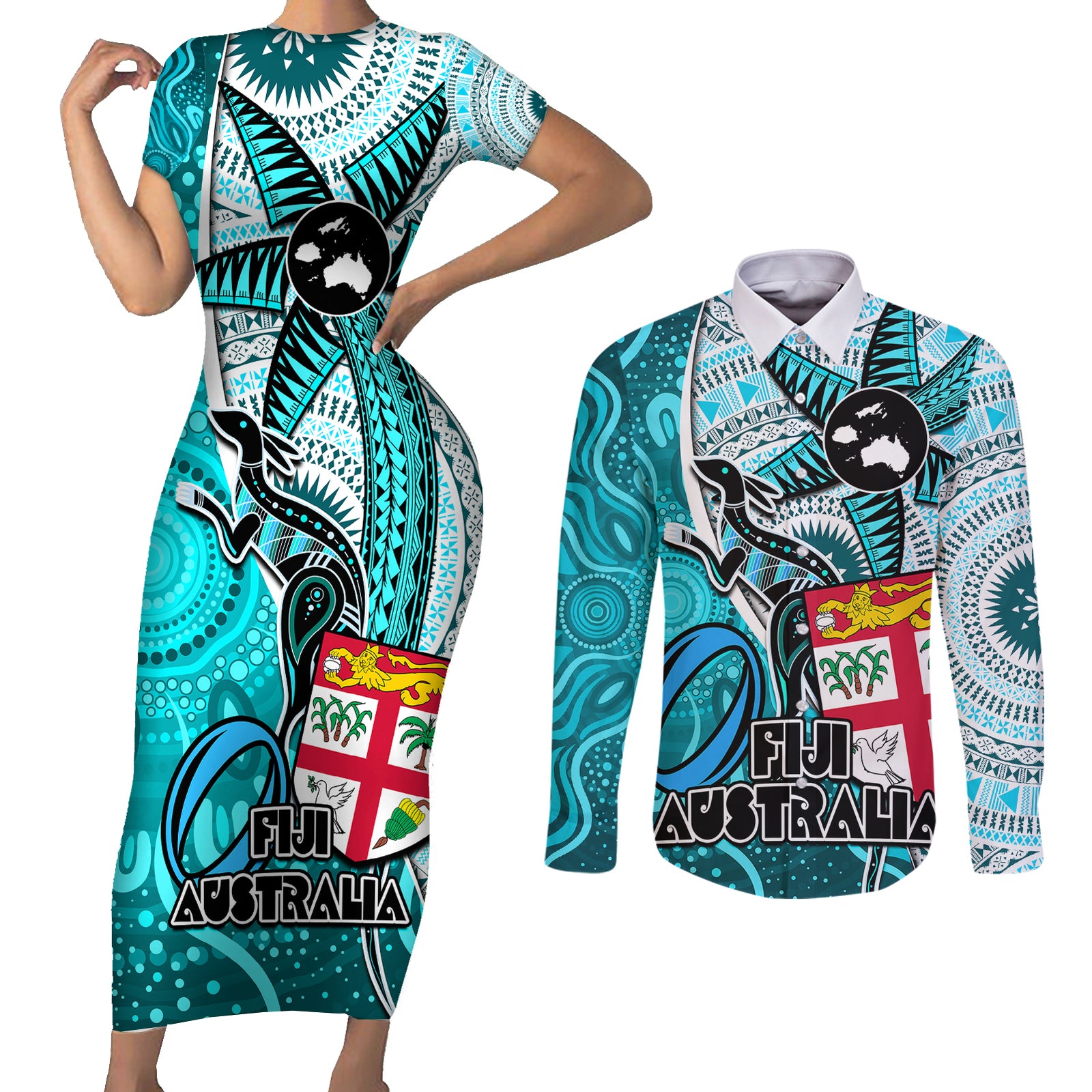 personalised-fiji-australia-rugby-couples-matching-short-sleeve-bodycon-dress-and-long-sleeve-button-shirts-kangaroo-and-palm-tree-blue-tapa-pattern-mix-aboriginal
