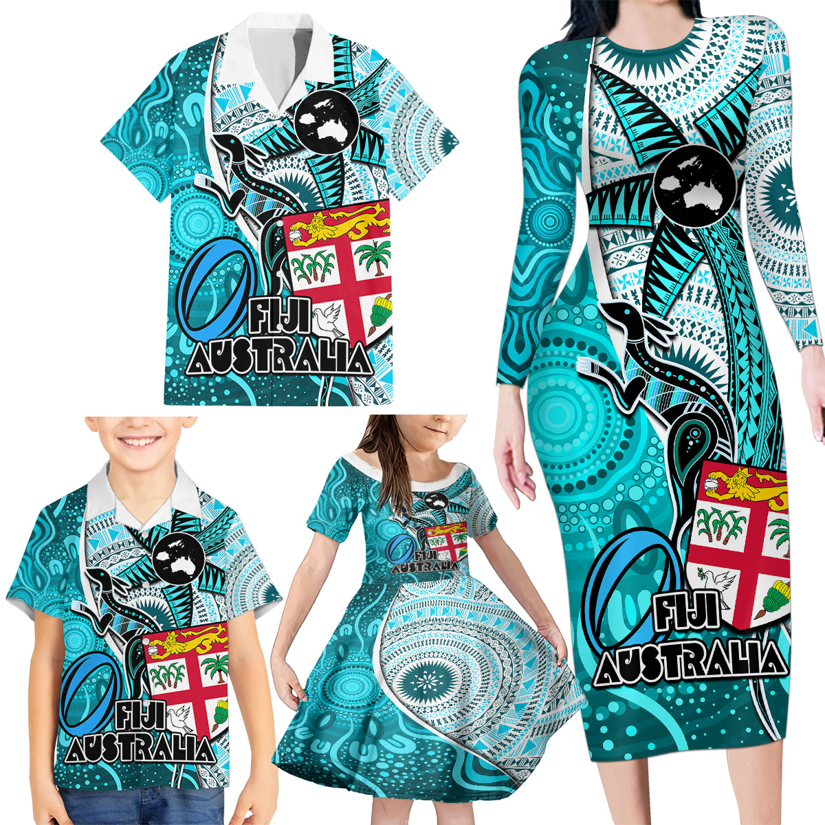 personalised-fiji-australia-rugby-family-matching-long-sleeve-bodycon-dress-and-hawaiian-shirt-kangaroo-and-palm-tree-blue-tapa-pattern-mix-aboriginal