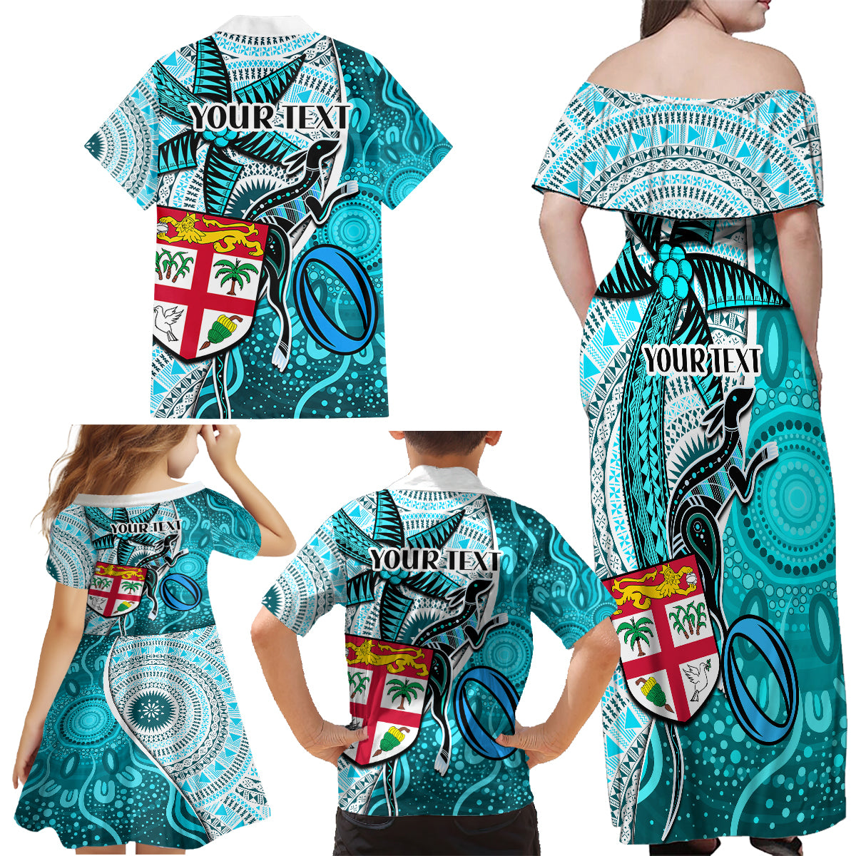 personalised-fiji-australia-rugby-family-matching-off-shoulder-maxi-dress-and-hawaiian-shirt-kangaroo-and-palm-tree-blue-tapa-pattern-mix-aboriginal