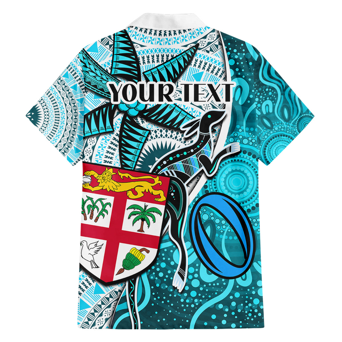 personalised-fiji-australia-rugby-family-matching-off-shoulder-short-dress-and-hawaiian-shirt-kangaroo-and-palm-tree-blue-tapa-pattern-mix-aboriginal