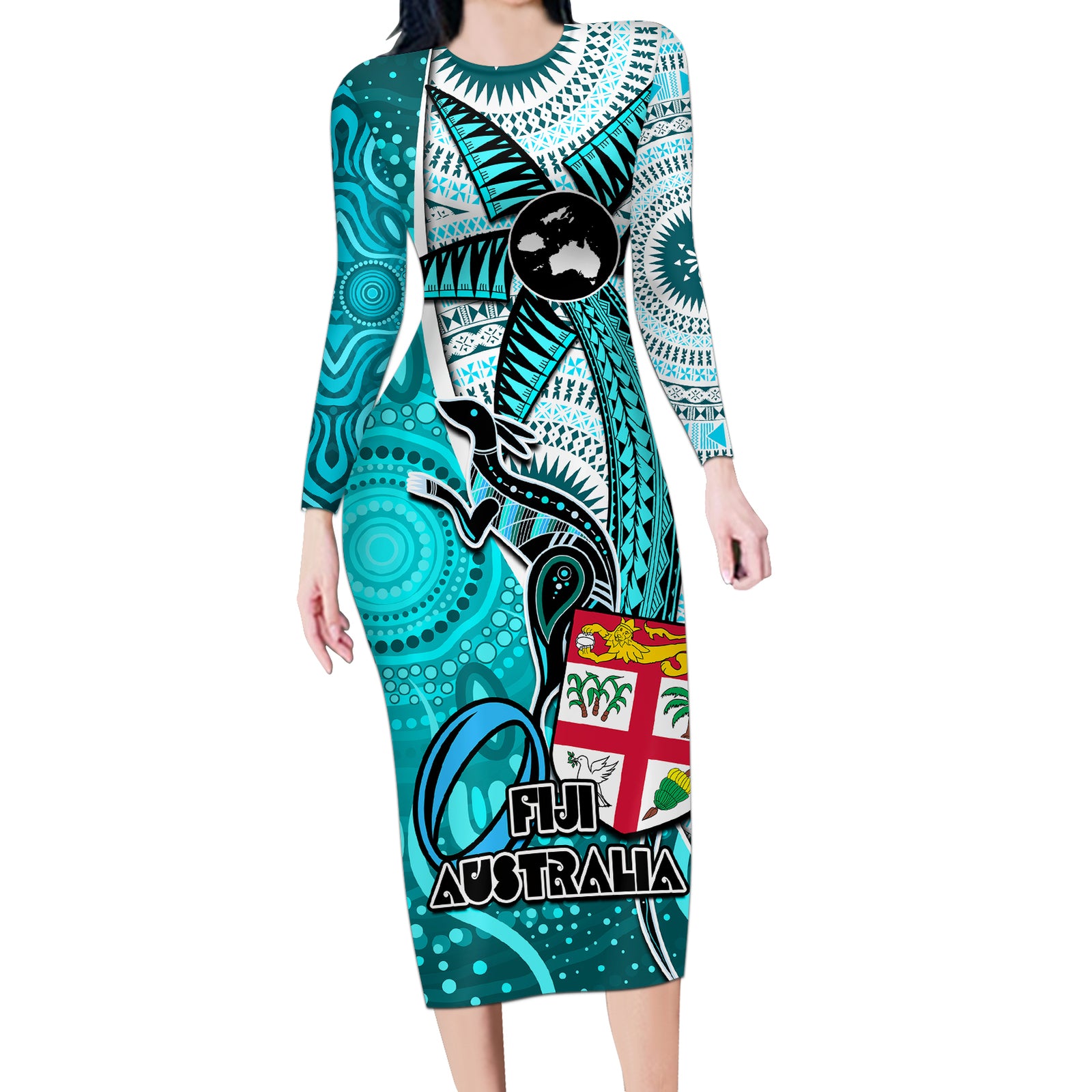 personalised-fiji-australia-rugby-long-sleeve-bodycon-dress-kangaroo-and-palm-tree-blue-tapa-pattern-mix-aboriginal
