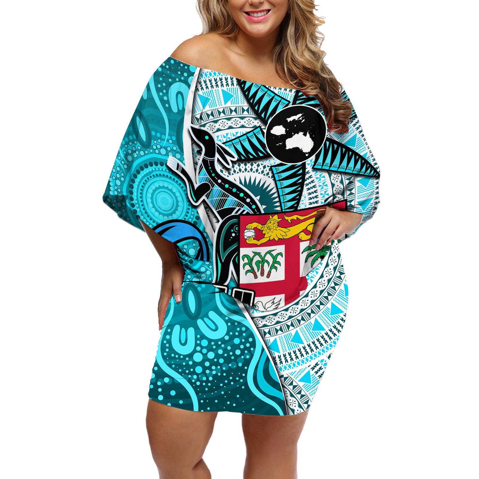 personalised-fiji-australia-rugby-off-shoulder-short-dress-kangaroo-and-palm-tree-blue-tapa-pattern-mix-aboriginal