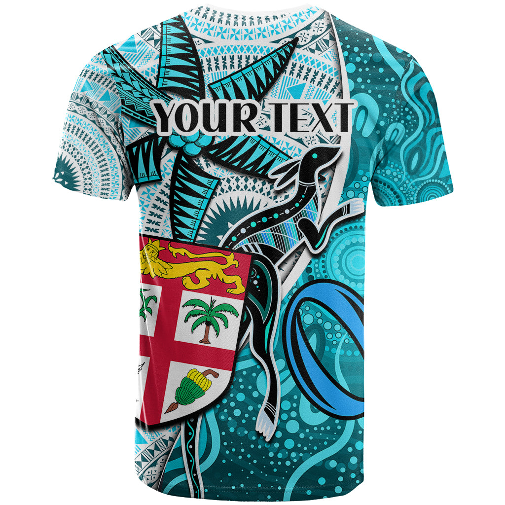 Personalised Fiji Australia Rugby T Shirt Kangaroo and Palm Tree Blue Tapa Pattern Mix Aboriginal LT03 - Polynesian Pride