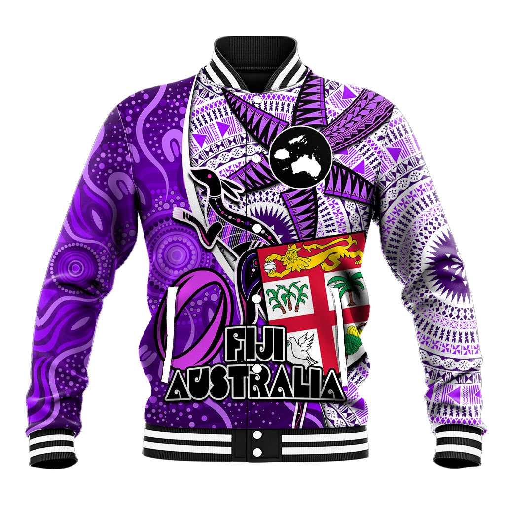 Fiji Australia Rugby Baseball Jacket Kangaroo and Palm Tree Purple Tapa Pattern Mix Aboriginal LT03 Unisex Purple - Polynesian Pride