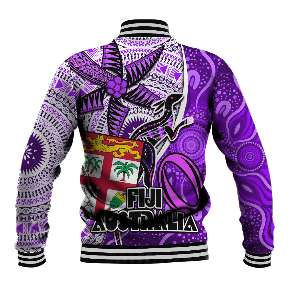 Fiji Australia Rugby Baseball Jacket Kangaroo and Palm Tree Purple Tapa Pattern Mix Aboriginal LT03 - Polynesian Pride