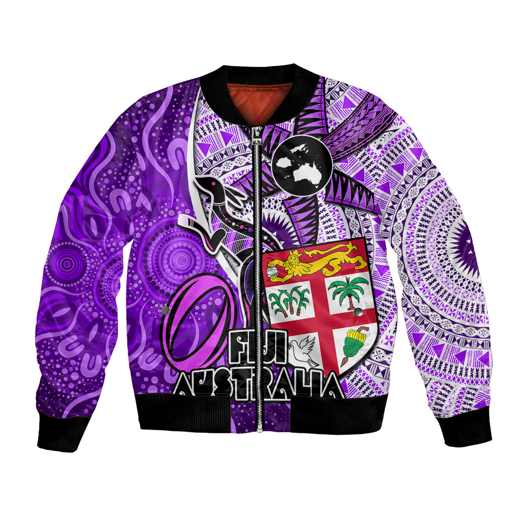 Fiji Australia Rugby Bomber Jacket Kangaroo and Palm Tree Purple Tapa Pattern Mix Aboriginal LT03 Unisex Purple - Polynesian Pride