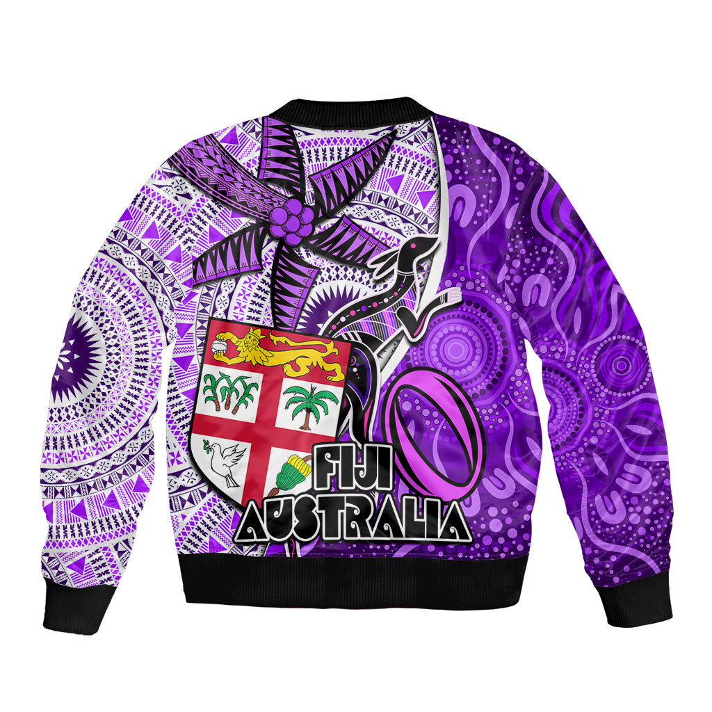 Fiji Australia Rugby Bomber Jacket Kangaroo and Palm Tree Purple Tapa Pattern Mix Aboriginal LT03 - Polynesian Pride