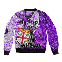 Fiji Australia Rugby Bomber Jacket Kangaroo and Palm Tree Purple Tapa Pattern Mix Aboriginal LT03 - Polynesian Pride