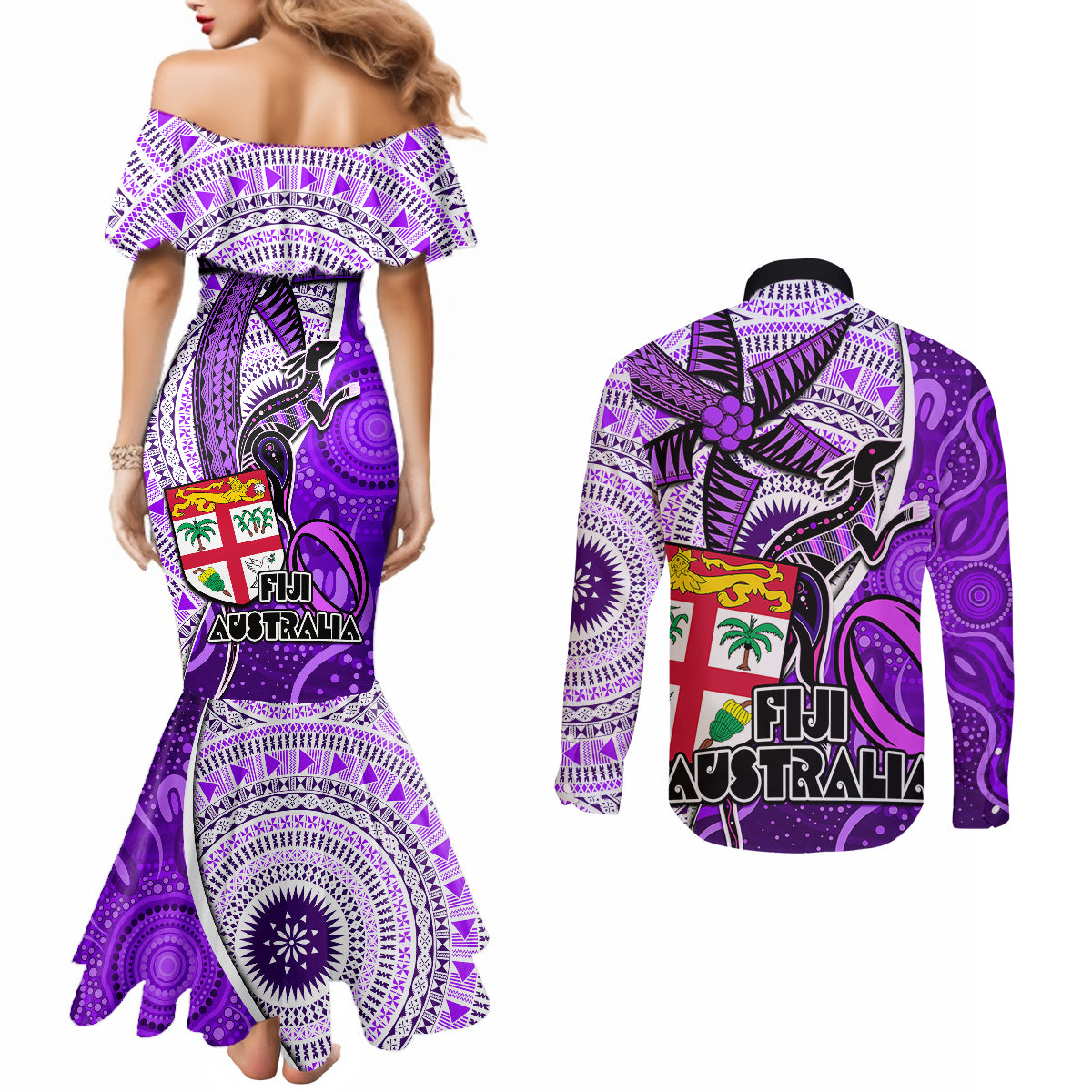 fiji-australia-rugby-couples-matching-mermaid-dress-and-long-sleeve-button-shirts-kangaroo-and-palm-tree-purple-tapa-pattern-mix-aboriginal