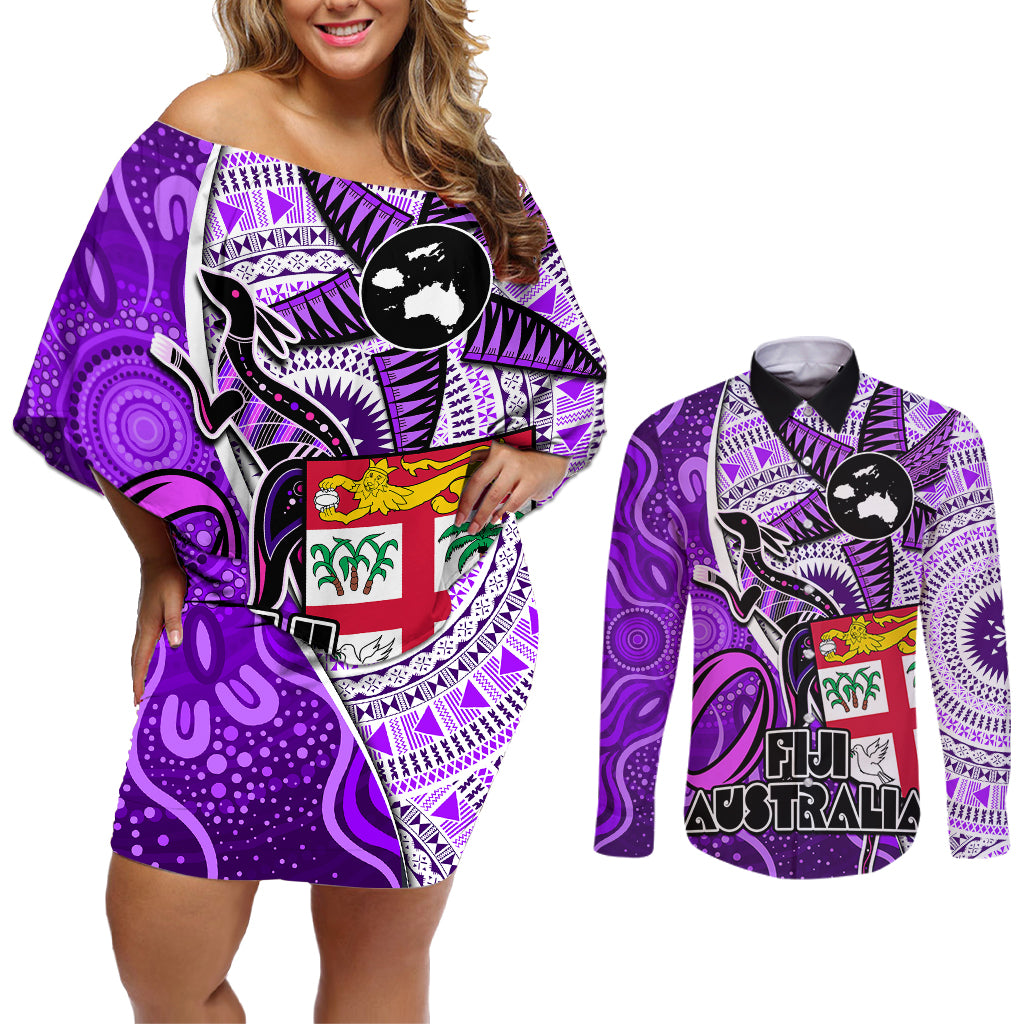 fiji-australia-rugby-couples-matching-off-shoulder-short-dress-and-long-sleeve-button-shirts-kangaroo-and-palm-tree-purple-tapa-pattern-mix-aboriginal