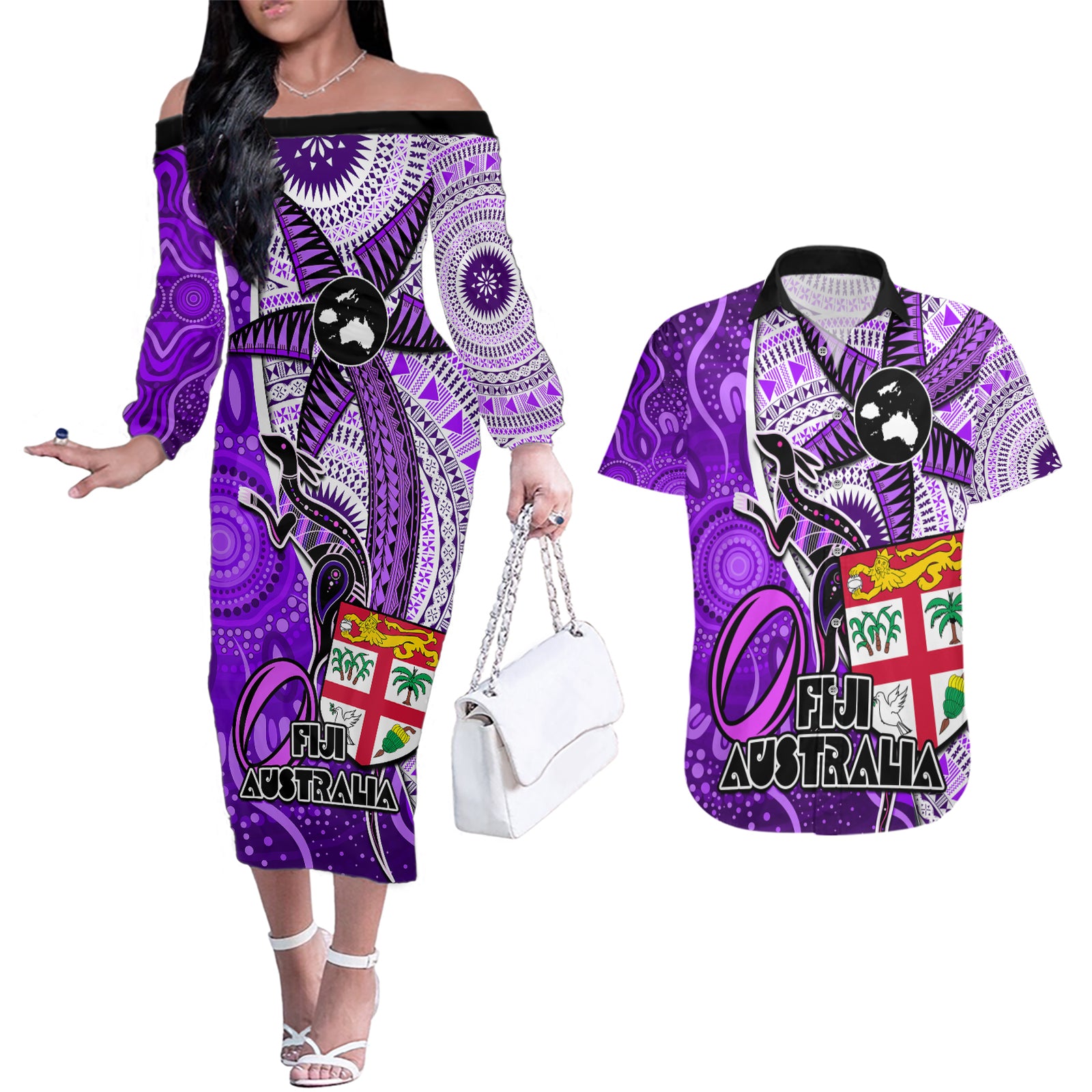 fiji-australia-rugby-couples-matching-off-the-shoulder-long-sleeve-dress-and-hawaiian-shirt-kangaroo-and-palm-tree-purple-tapa-pattern-mix-aboriginal