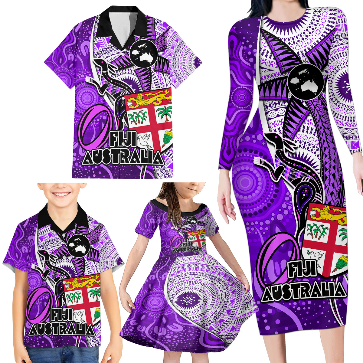 fiji-australia-rugby-family-matching-long-sleeve-bodycon-dress-and-hawaiian-shirt-kangaroo-and-palm-tree-purple-tapa-pattern-mix-aboriginal