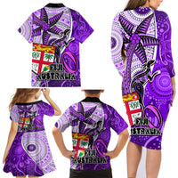 fiji-australia-rugby-family-matching-long-sleeve-bodycon-dress-and-hawaiian-shirt-kangaroo-and-palm-tree-purple-tapa-pattern-mix-aboriginal