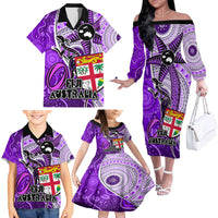 fiji-australia-rugby-family-matching-off-shoulder-long-sleeve-dress-and-hawaiian-shirt-kangaroo-and-palm-tree-purple-tapa-pattern-mix-aboriginal