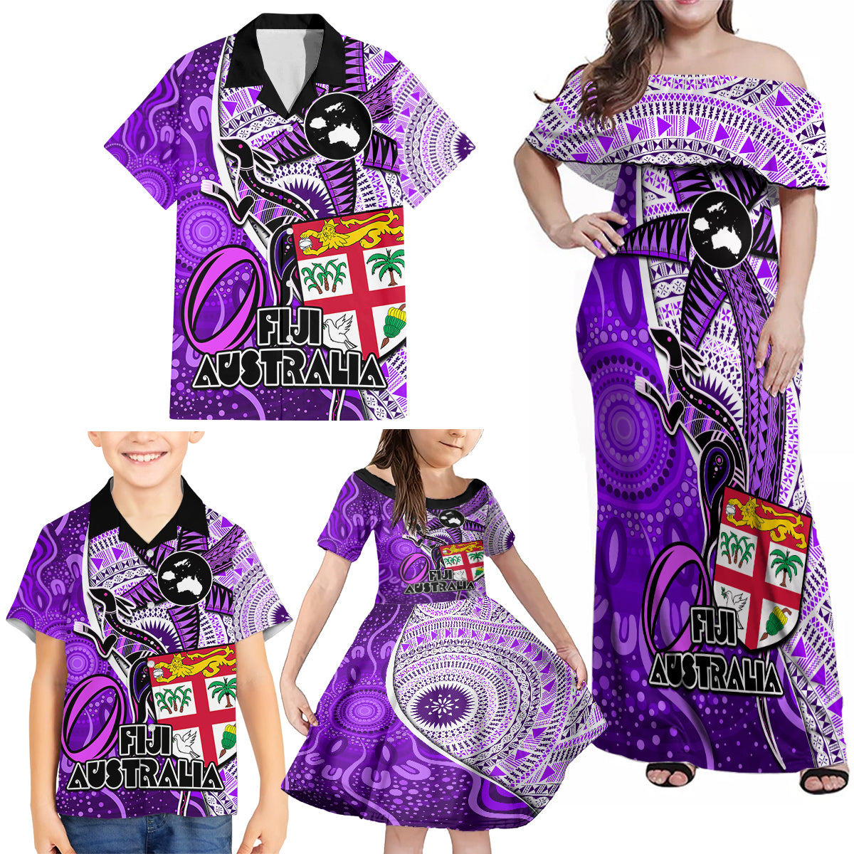 fiji-australia-rugby-family-matching-off-shoulder-maxi-dress-and-hawaiian-shirt-kangaroo-and-palm-tree-purple-tapa-pattern-mix-aboriginal