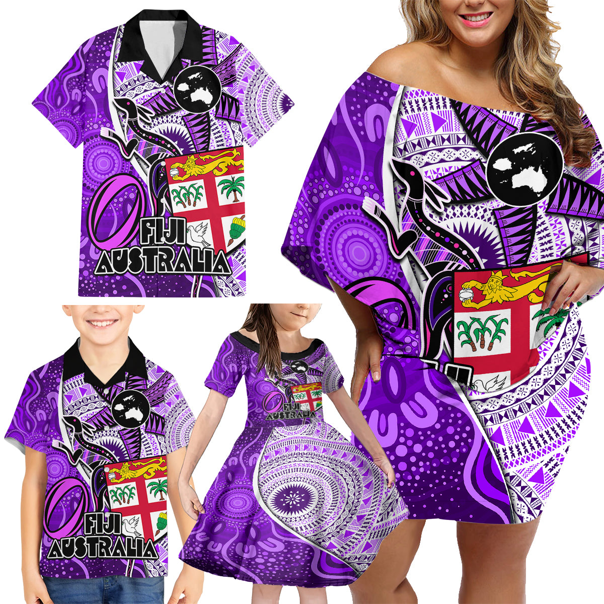 fiji-australia-rugby-family-matching-off-shoulder-short-dress-and-hawaiian-shirt-kangaroo-and-palm-tree-purple-tapa-pattern-mix-aboriginal