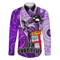 fiji-australia-rugby-family-matching-off-shoulder-short-dress-and-hawaiian-shirt-kangaroo-and-palm-tree-purple-tapa-pattern-mix-aboriginal