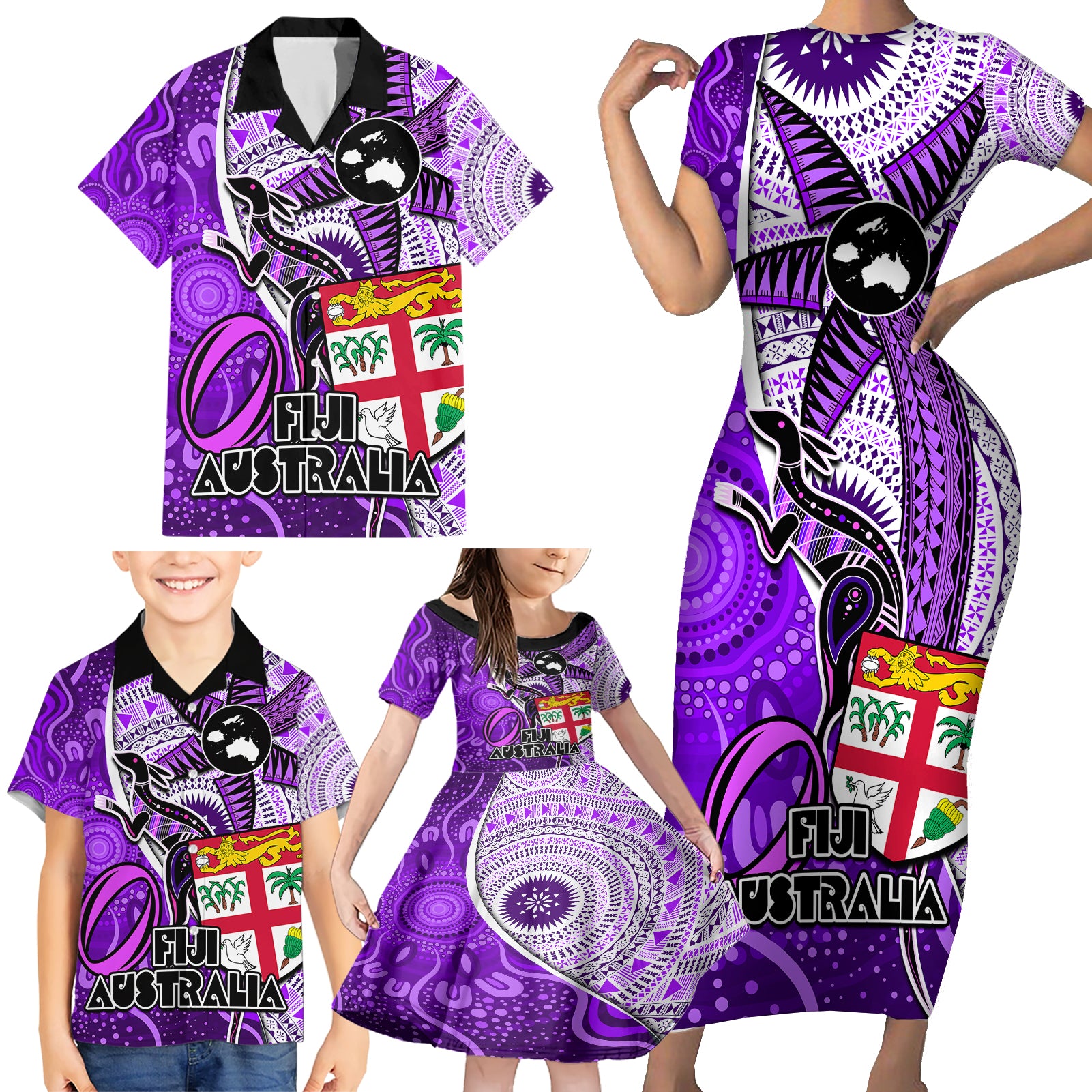 fiji-australia-rugby-family-matching-short-sleeve-bodycon-dress-and-hawaiian-shirt-kangaroo-and-palm-tree-purple-tapa-pattern-mix-aboriginal