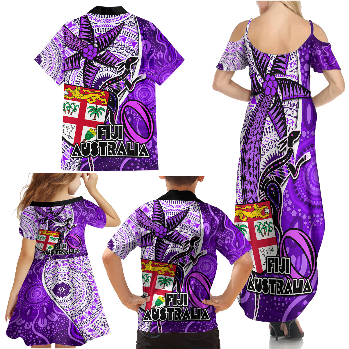 fiji-australia-rugby-family-matching-summer-maxi-dress-and-hawaiian-shirt-kangaroo-and-palm-tree-purple-tapa-pattern-mix-aboriginal