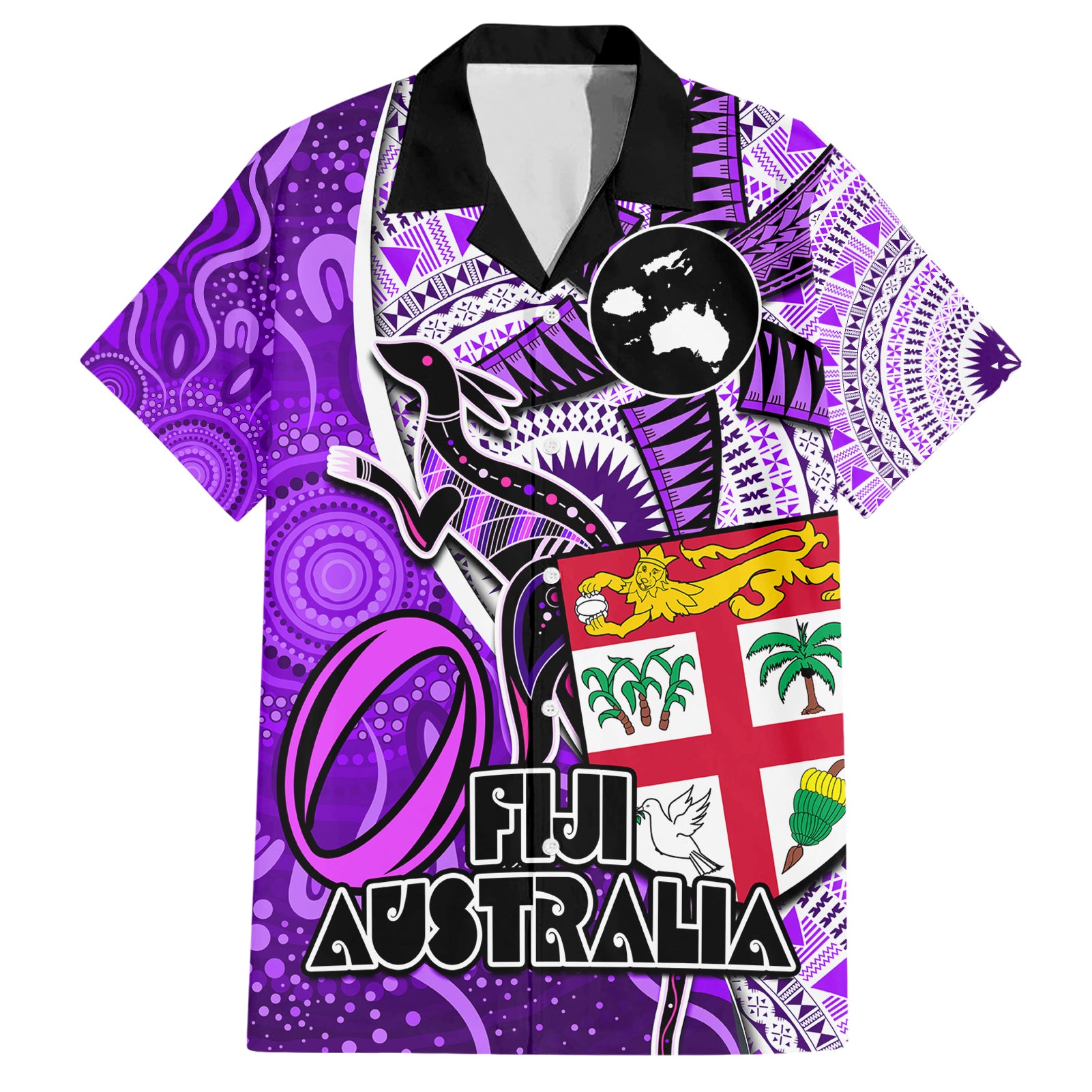 Fiji Australia Rugby Hawaiian Shirt Kangaroo and Palm Tree Purple Tapa Pattern Mix Aboriginal LT03 Purple - Polynesian Pride