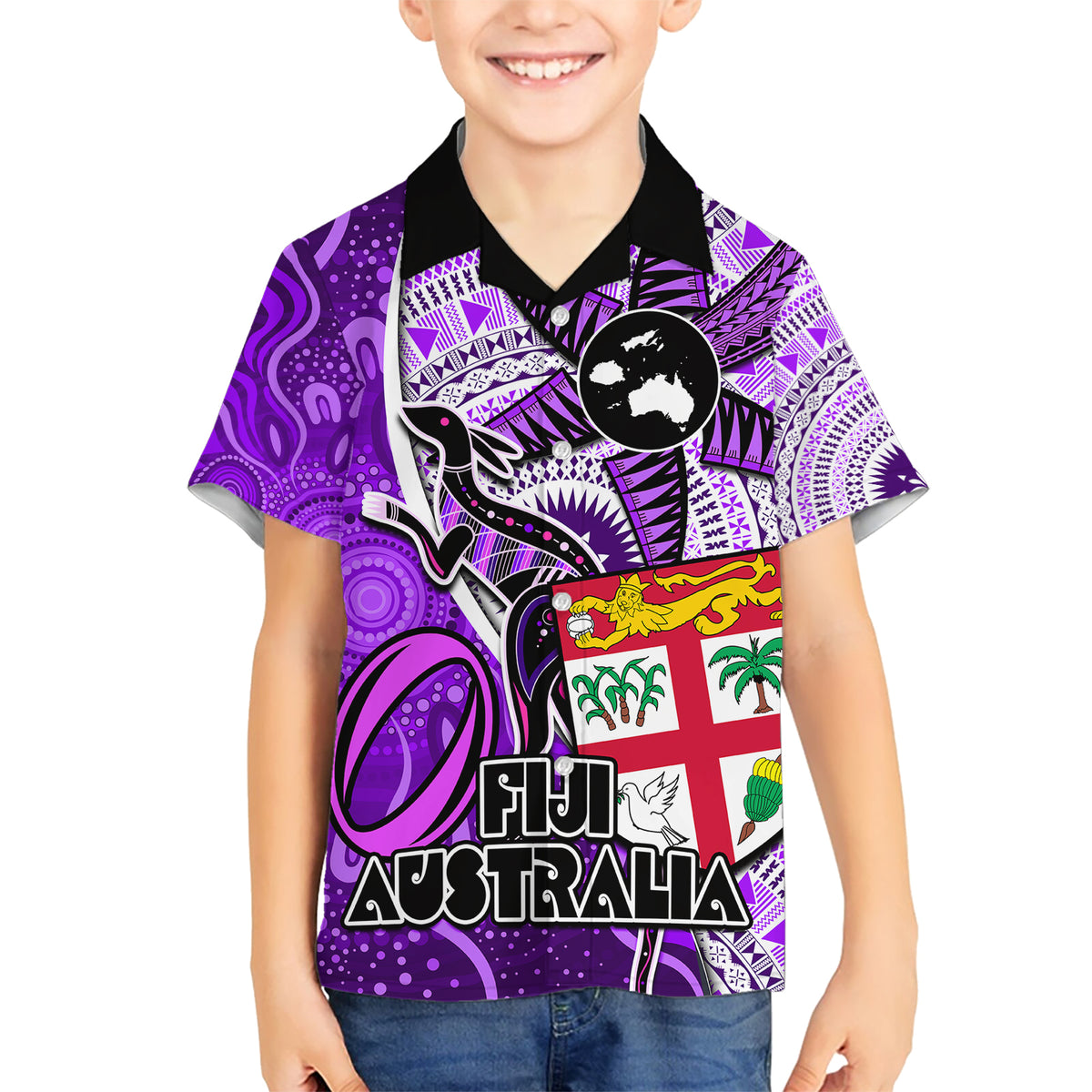 Fiji Australia Rugby Kid Hawaiian Shirt Kangaroo and Palm Tree Purple Tapa Pattern Mix Aboriginal LT03 Kid Purple - Polynesian Pride