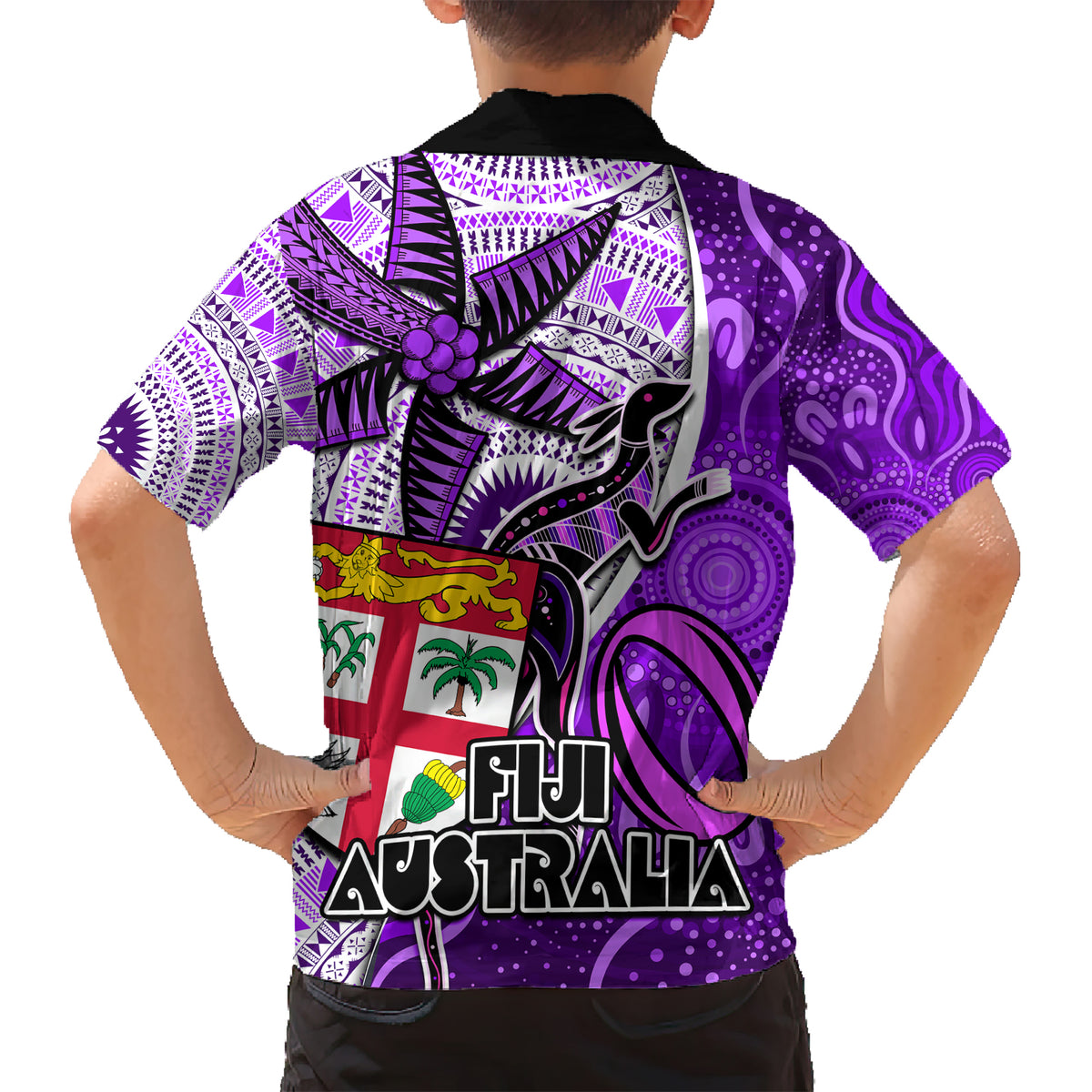 Fiji Australia Rugby Kid Hawaiian Shirt Kangaroo and Palm Tree Purple Tapa Pattern Mix Aboriginal LT03 - Polynesian Pride