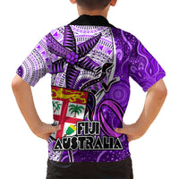 Fiji Australia Rugby Kid Hawaiian Shirt Kangaroo and Palm Tree Purple Tapa Pattern Mix Aboriginal LT03 - Polynesian Pride