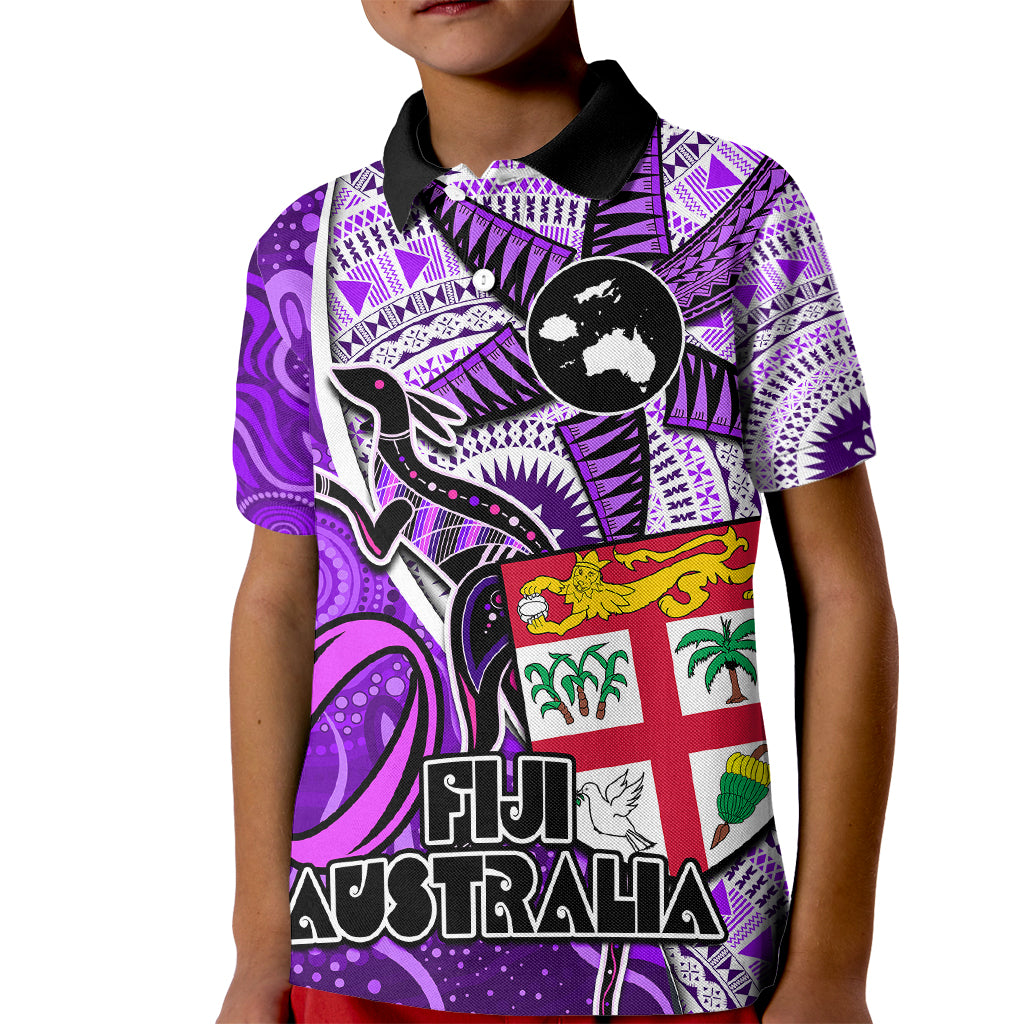 Fiji Australia Rugby Kid Polo Shirt Kangaroo and Palm Tree Purple Tapa Pattern Mix Aboriginal LT03 Kid Purple - Polynesian Pride