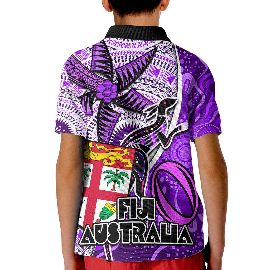 Fiji Australia Rugby Kid Polo Shirt Kangaroo and Palm Tree Purple Tapa Pattern Mix Aboriginal LT03 - Polynesian Pride