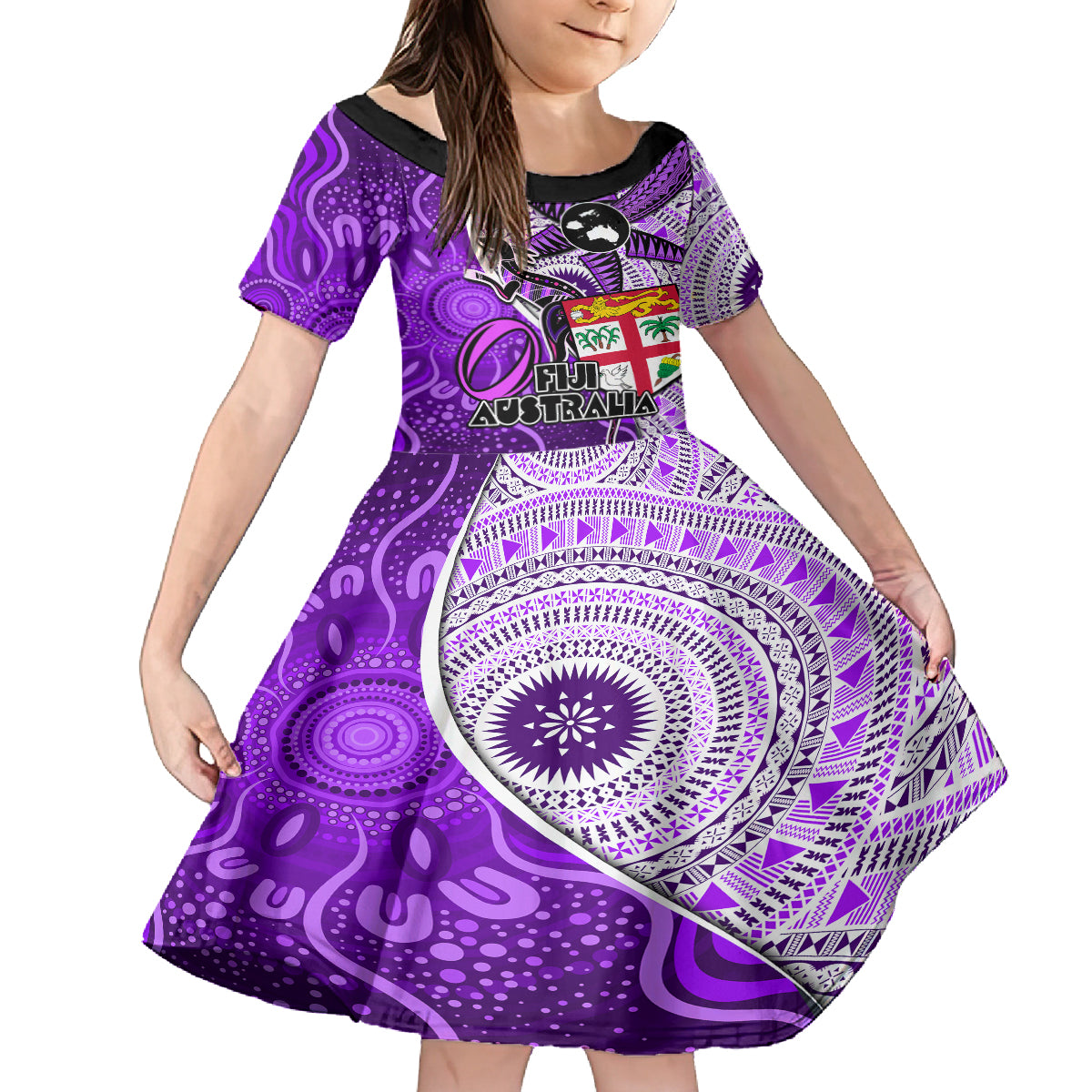 Fiji Australia Rugby Kid Short Sleeve Dress Kangaroo and Palm Tree Purple Tapa Pattern Mix Aboriginal LT03 KID Purple - Polynesian Pride