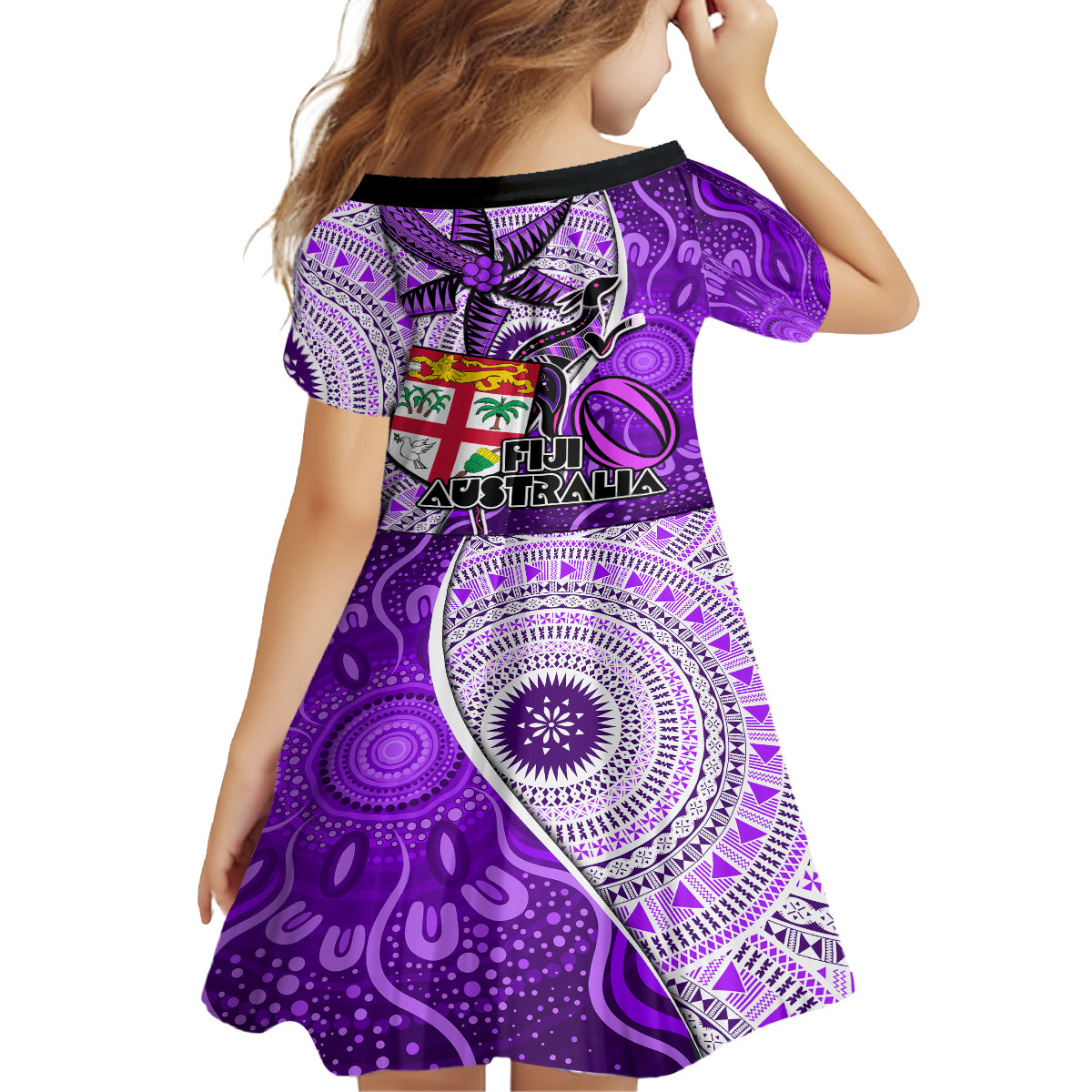 Fiji Australia Rugby Kid Short Sleeve Dress Kangaroo and Palm Tree Purple Tapa Pattern Mix Aboriginal LT03 - Polynesian Pride