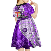 Fiji Australia Rugby Kid Short Sleeve Dress Kangaroo and Palm Tree Purple Tapa Pattern Mix Aboriginal LT03 - Polynesian Pride