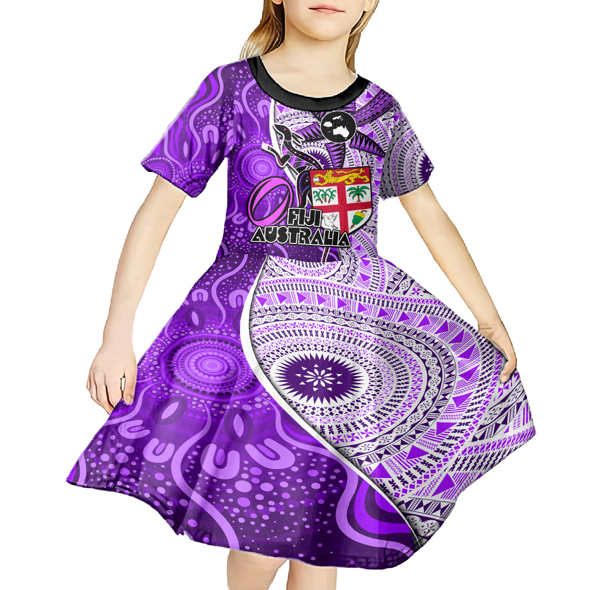 Fiji Australia Rugby Kid Short Sleeve Dress Kangaroo and Palm Tree Purple Tapa Pattern Mix Aboriginal LT03 - Polynesian Pride