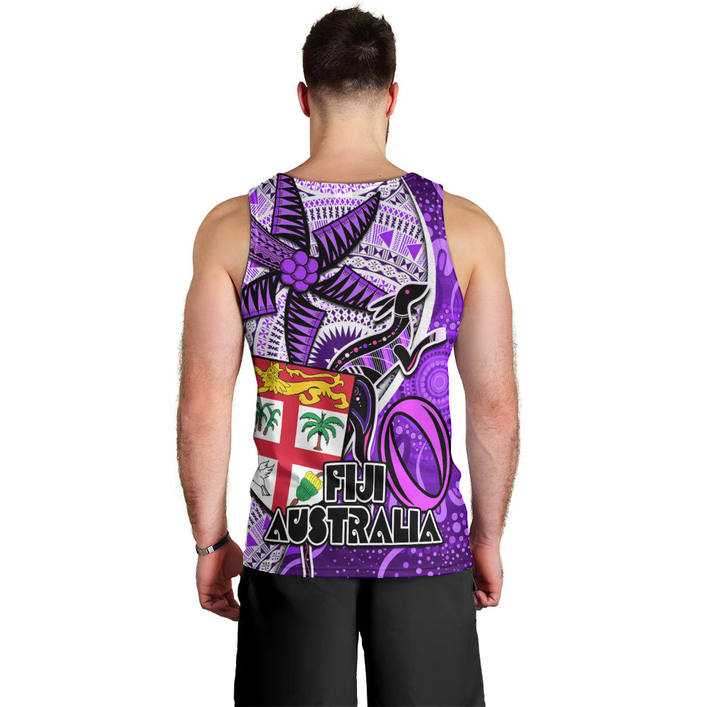 Fiji Australia Rugby Men Tank Top Kangaroo and Palm Tree Purple Tapa Pattern Mix Aboriginal LT03 - Polynesian Pride